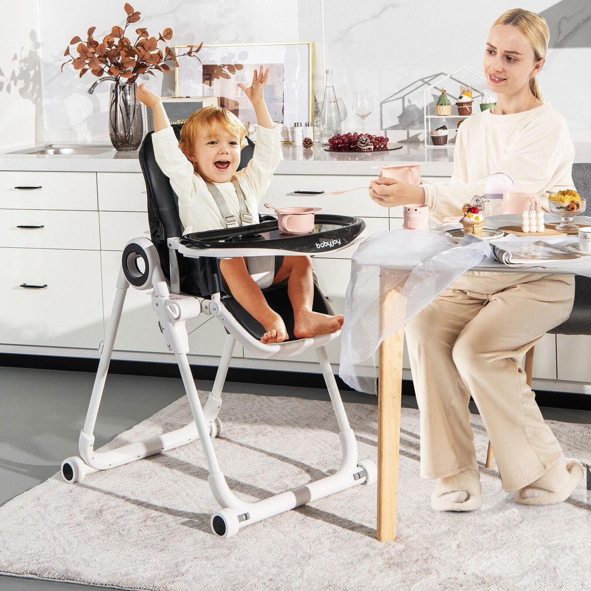 Baby High Chair Foldable Feeding Chair with 4 Lockable Wheels de