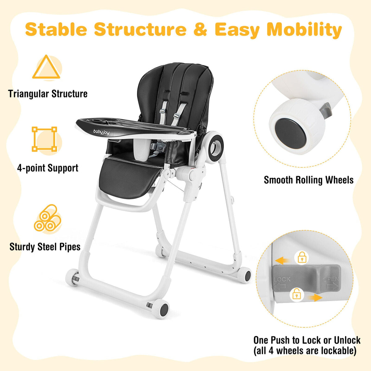 Baby High Chair Foldable Feeding Chair with 4 Lockable Wheels de