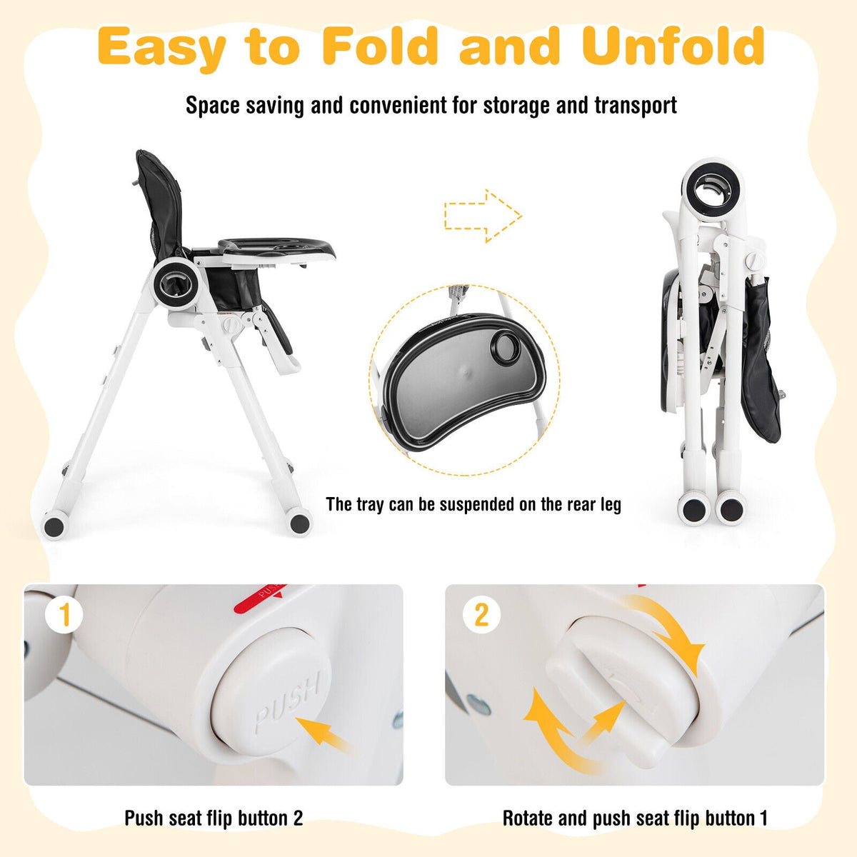 Baby High Chair Foldable Feeding Chair with 4 Lockable Wheels de