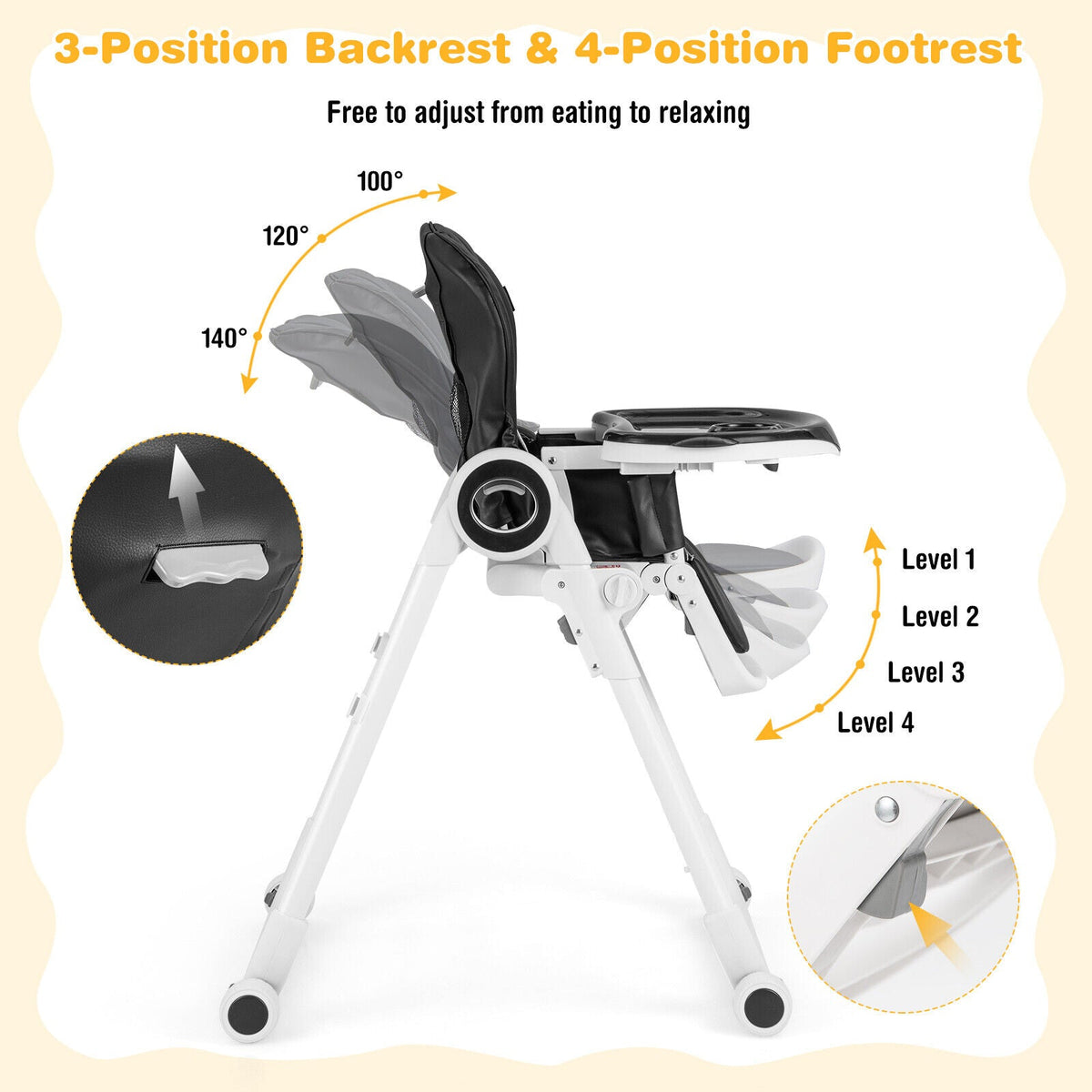 Baby High Chair Foldable Feeding Chair with 4 Lockable Wheels de