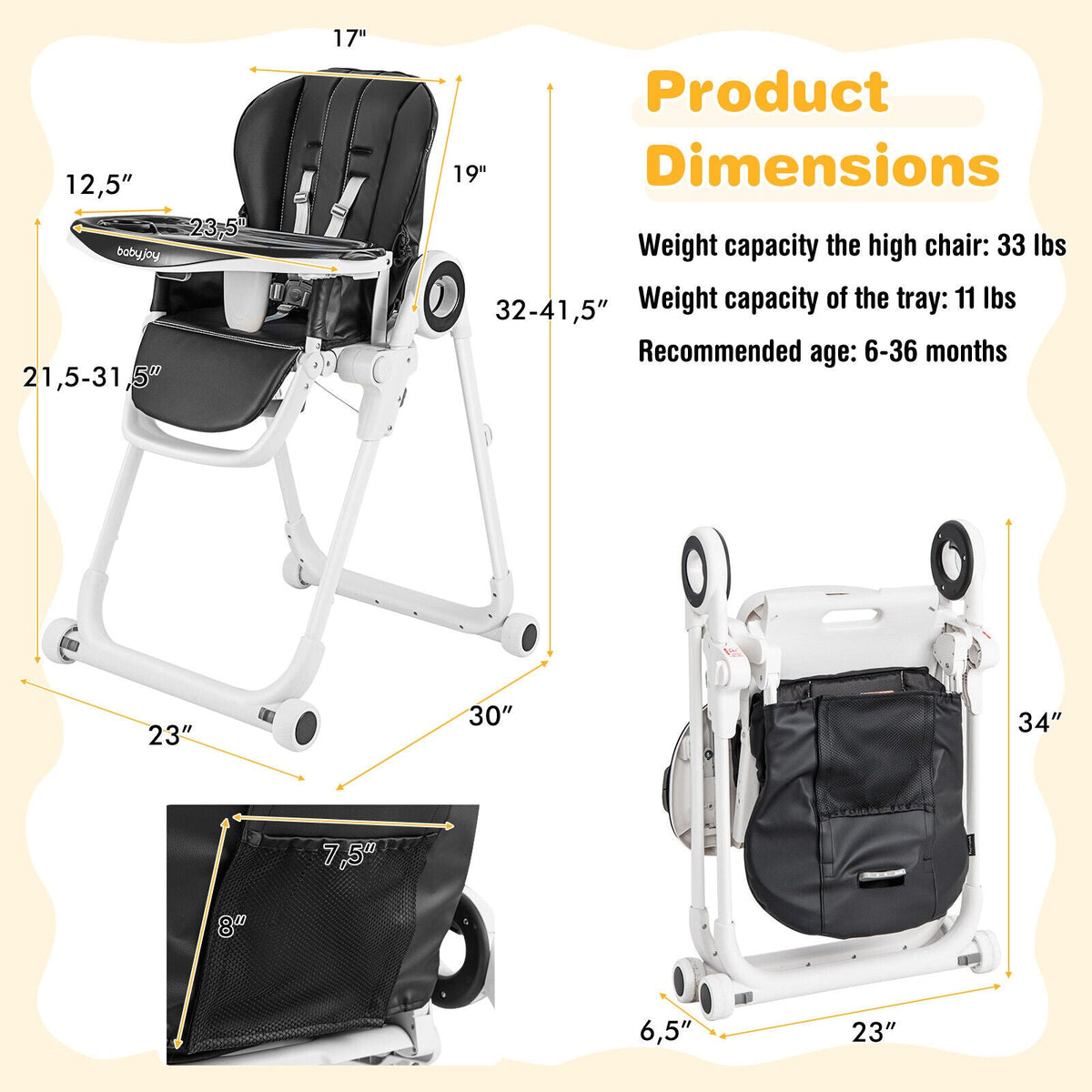 Baby High Chair Foldable Feeding Chair with 4 Lockable Wheels de