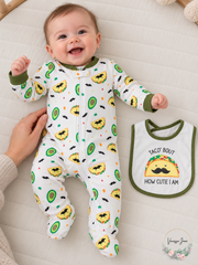 Chickpea Baby Printed Cotton Footed Coverall & Bib Set Safari or Taco