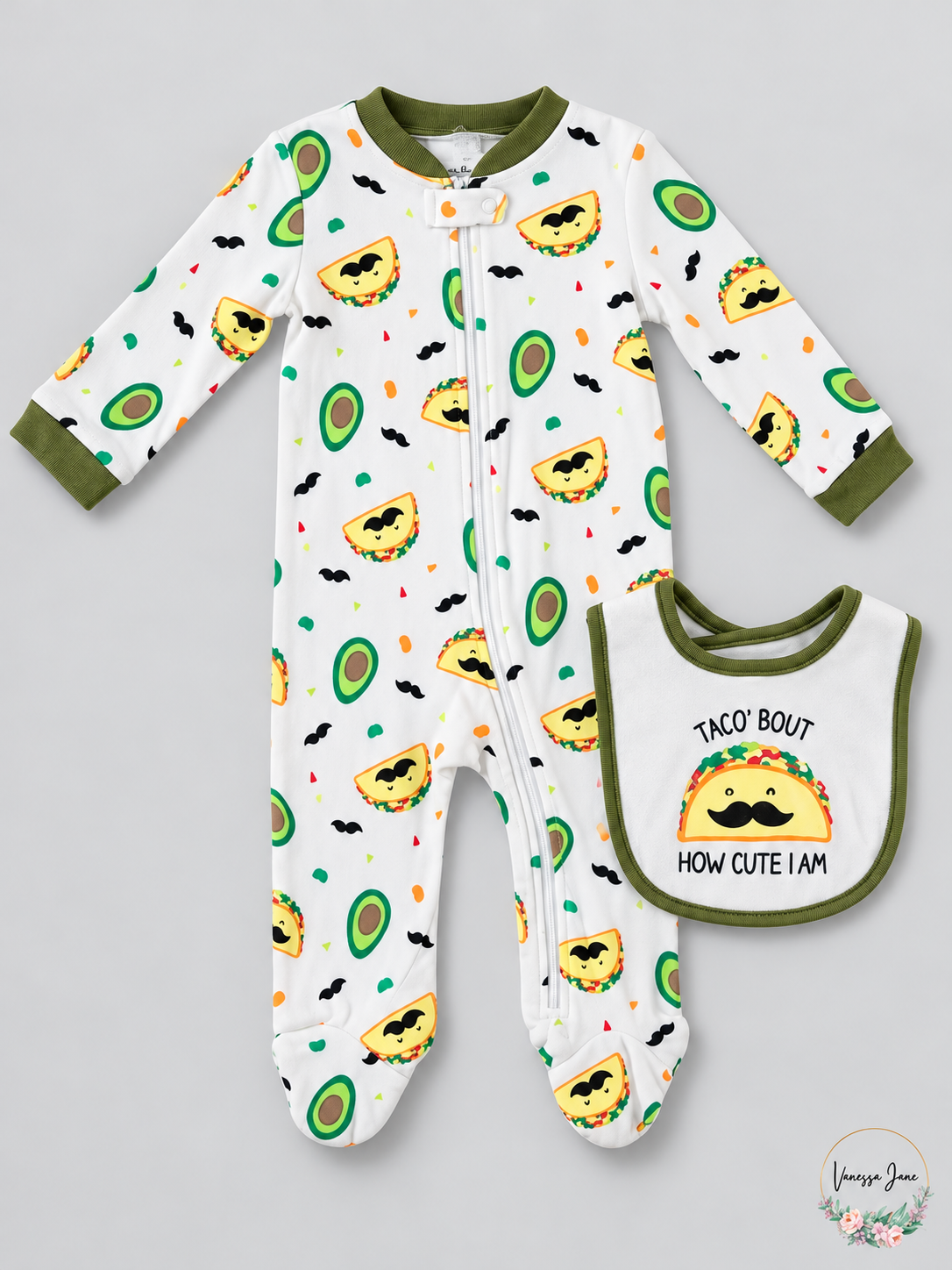 Chickpea Baby Printed Cotton Footed Coverall & Bib Set Safari or Taco