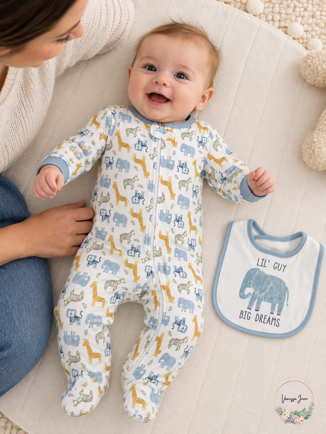 Chickpea Baby Printed Cotton Footed Coverall & Bib Set Safari or Taco
