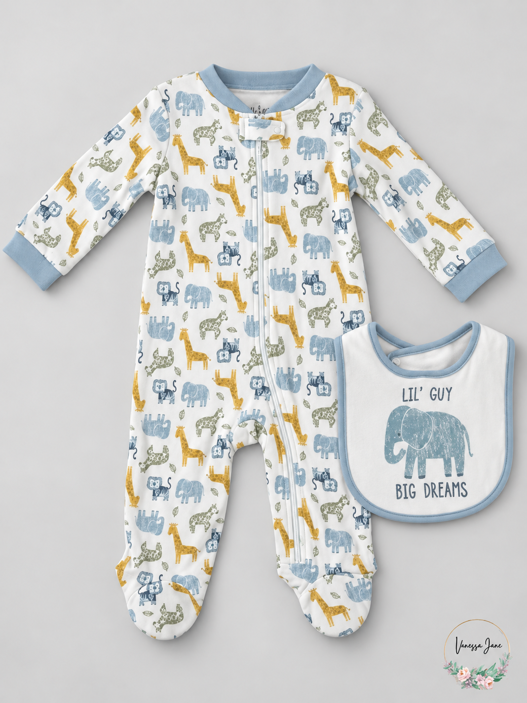Chickpea Baby Printed Cotton Footed Coverall & Bib Set Safari or Taco