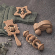 Wooden Baby Rattles Set | Beech Wood Teether and Musical Montessori Toy for Infants