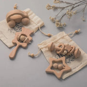 Wooden Baby Rattles Set | Beech Wood Teether and Musical Montessori Toy for Infants